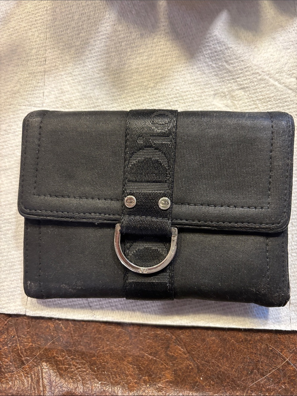 Vintage Dior Cloth Trifold Wallet with Leather Interior and D-Ring Accent